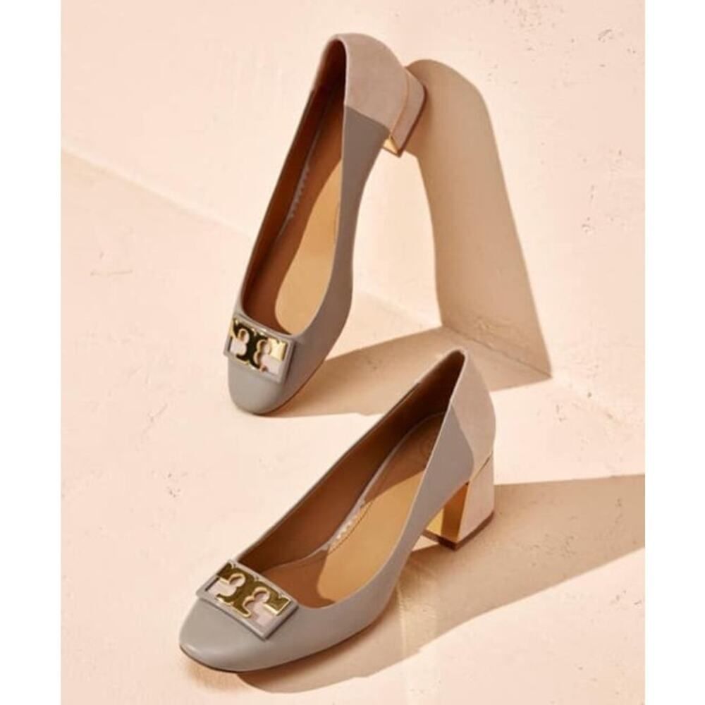 Tory Burch Gigi Taupe Gray Heron Leather Logo Block Heel Pump Sz. 9.5